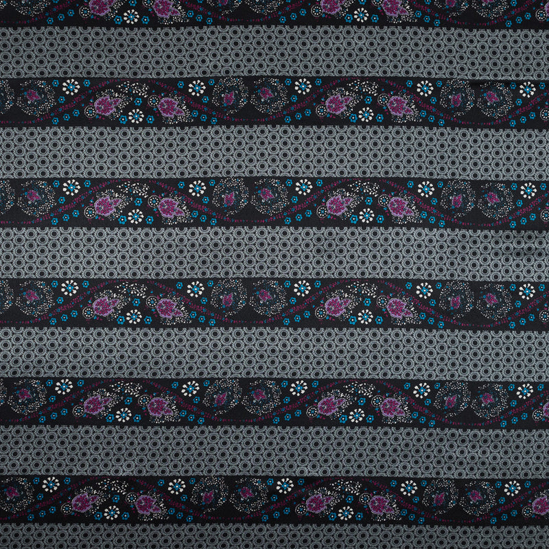 Gray and Purple Floral and Geometric Striped Silk Charmeuse