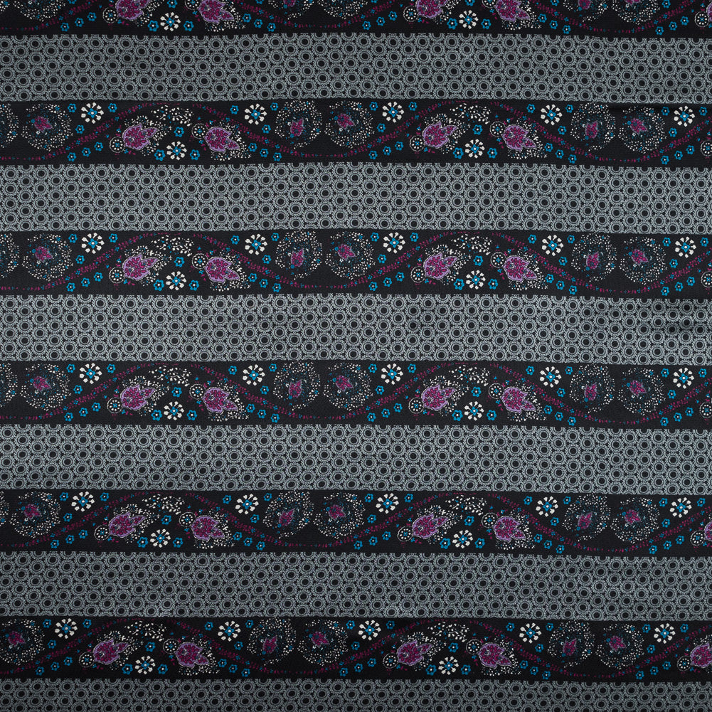 Gray and Purple Floral and Geometric Striped Silk Charmeuse