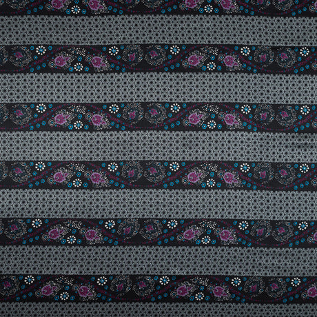 Gray and Purple Floral and Geometric Striped Silk Charmeuse
