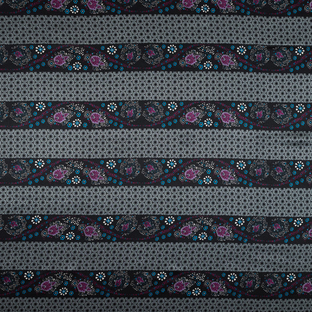 Gray and Purple Floral and Geometric Striped Silk Charmeuse