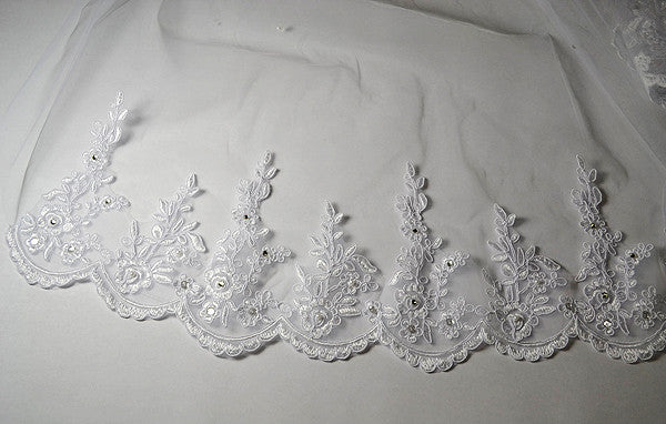 White Bridal Wedding Veil 32 Inch One Tier Embroidered