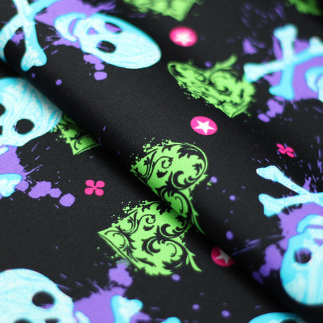 Heart Of Stone Nylon Spandex Fabric - Shiny Red/Green, Heart And Skull Pattern, 58/60" Width (1 Yard)