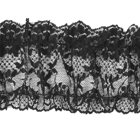 Black Ruched Floral Lace Trim - 3"