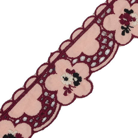 Pink Floral Embroidered Eyelet Trim - 2"