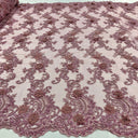 3D Beaded Floral Lace Fabric - Embroidered 100 Percent Polyester Net Mesh, 3D Floral, Beaded, Mirrored Symmetrical Scallops, 52" Wide (1 Yard)