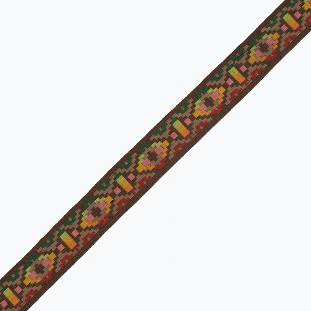 Brown Multicolor Geometric Jacquard Ribbon - 1"
