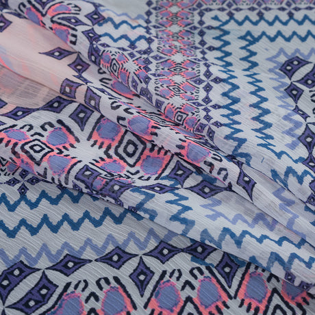 Purple, Florescent Pink and White Printed Crinkled Chiffon