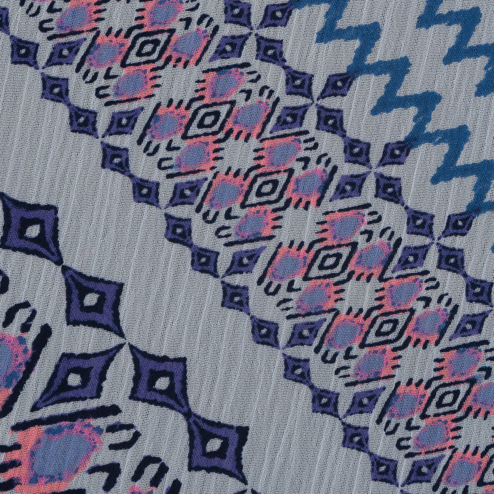 Purple, Florescent Pink and White Printed Crinkled Chiffon