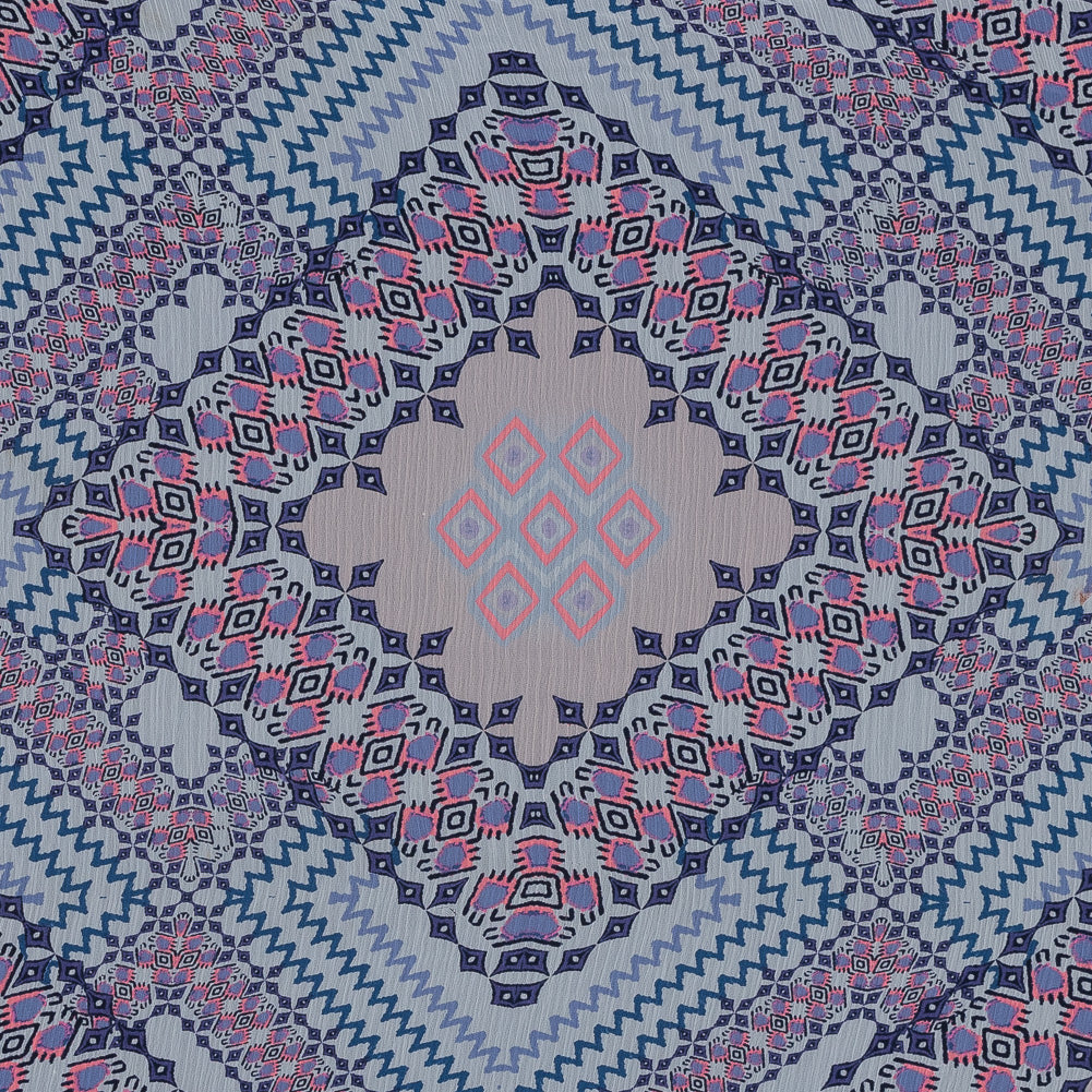Purple, Florescent Pink and White Printed Crinkled Chiffon