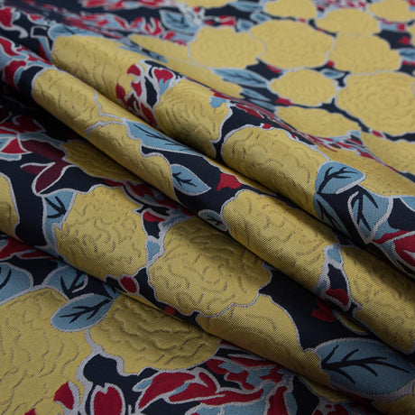 Navy, Yellow and Red Large-Scale Floral Jacquard Panel