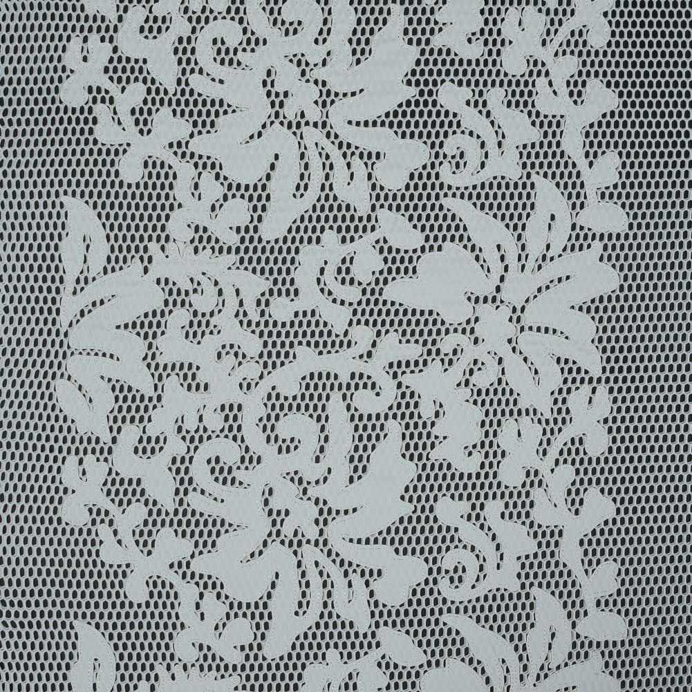 Wonder Mesh with Floral Faux Leather Embroidered Borders - Whisper White