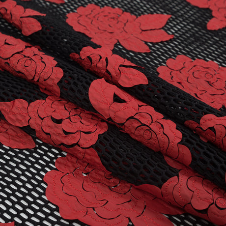 Wonder Mesh with Floral Embroidered Faux Leather - Black and Red