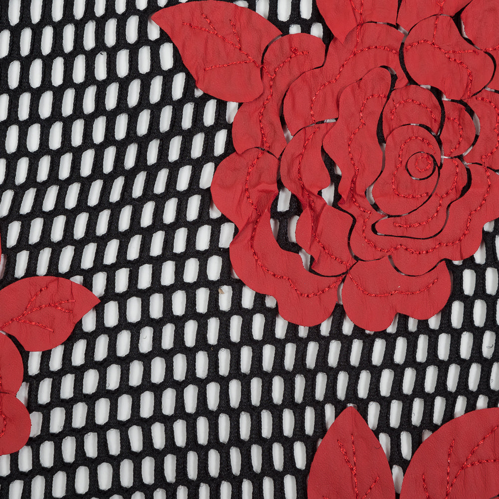 Wonder Mesh with Floral Embroidered Faux Leather - Black and Red