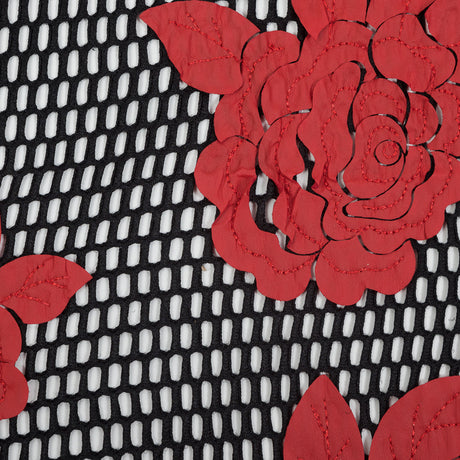 Wonder Mesh with Floral Embroidered Faux Leather - Black and Red