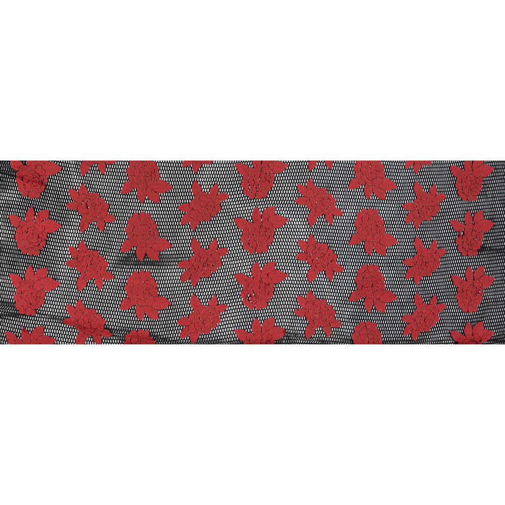 Wonder Mesh with Floral Embroidered Faux Leather - Black and Red