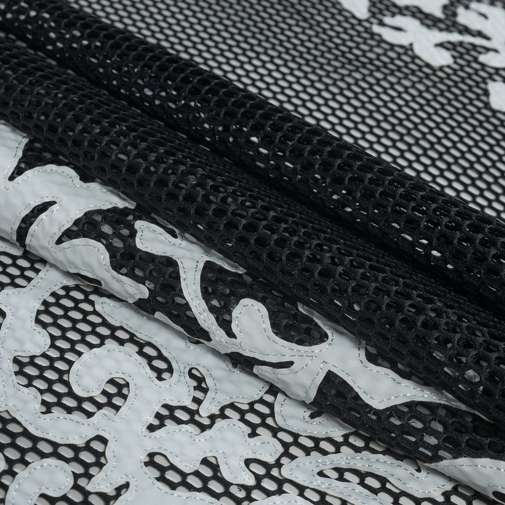 Wonder Mesh with Floral Faux Leather Embroidered Borders - Black and White