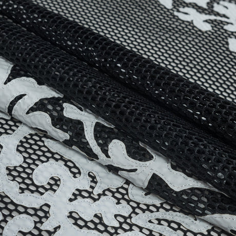 Wonder Mesh with Floral Faux Leather Embroidered Borders - Black and White