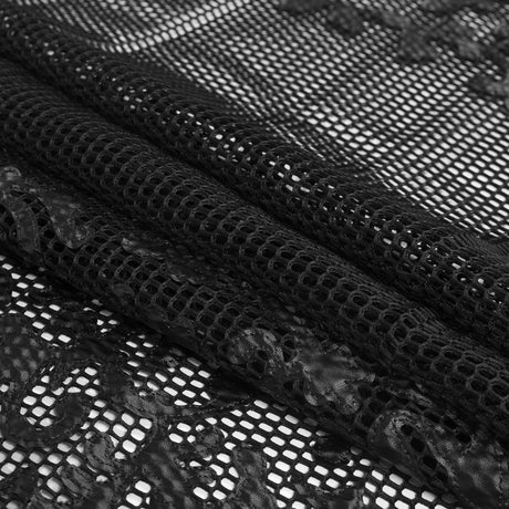 Wonder Mesh with Floral Faux Leather Embroidered Borders - Black