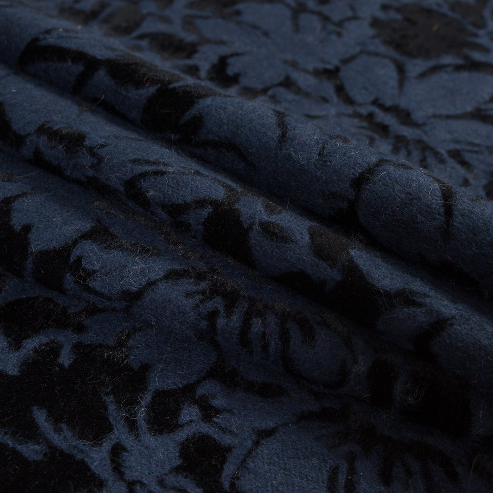 Bonded Wool Knit and Velour with Flocked Floral Design - Black and Navy Blue - Designer Deadstock