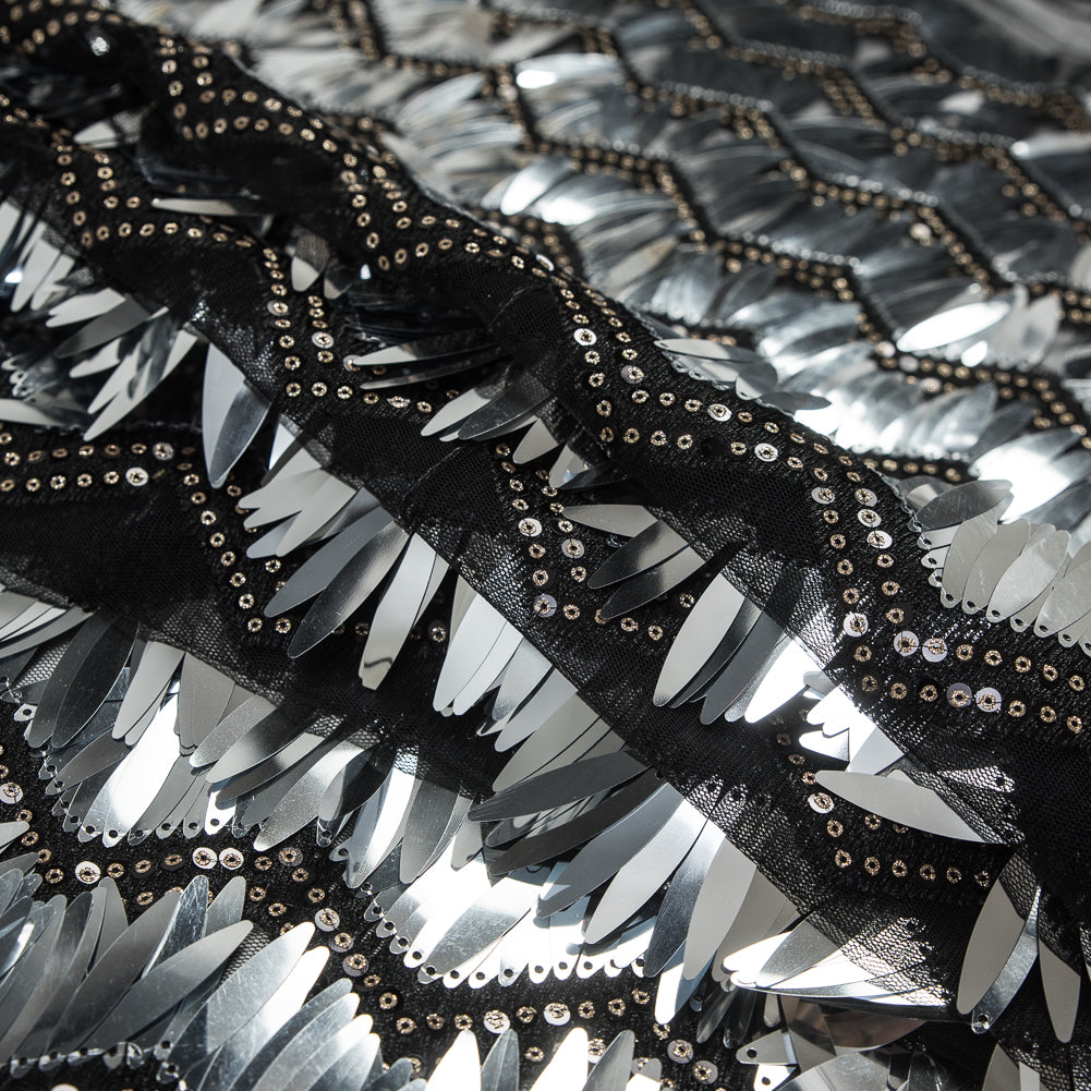 Black and Silver Chevron Fringe Sequin Fabric
