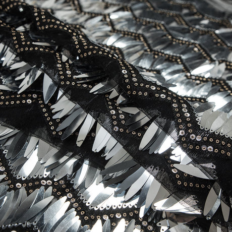 Black and Silver Chevron Fringe Sequin Fabric