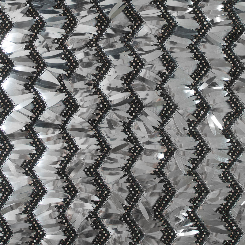 Black and Silver Chevron Fringe Sequin Fabric