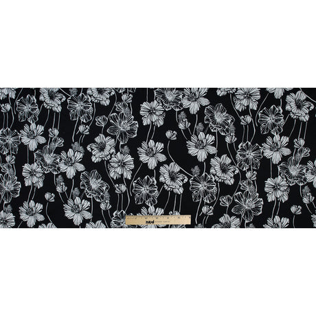 Black and White Large Floral Stretch Cotton Poplin