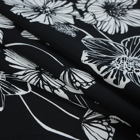Black and White Large Floral Stretch Cotton Poplin