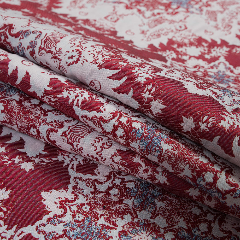 Red, Blue and White Abstract Medallion Brocade