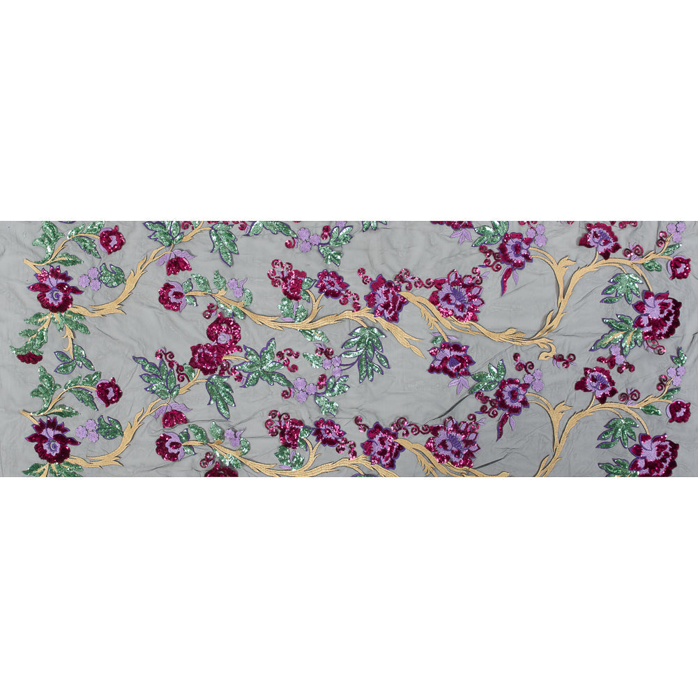 Purple, Pink, Green and Gold Floral Embroidered and Sequined Mesh
