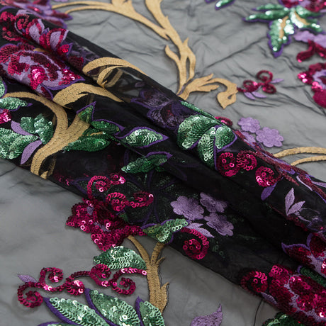 Purple, Pink, Green and Gold Floral Embroidered and Sequined Mesh