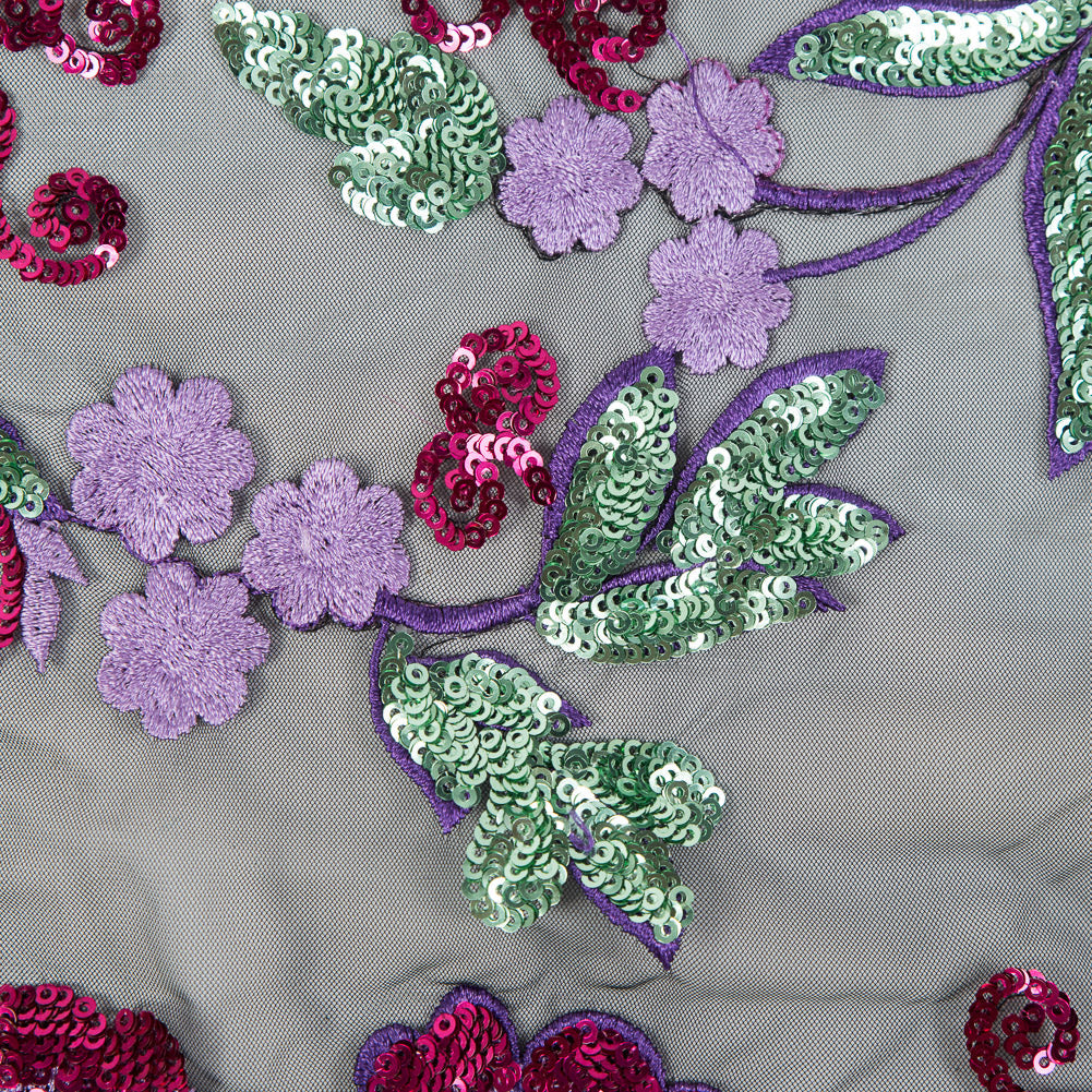 Purple, Pink, Green and Gold Floral Embroidered and Sequined Mesh