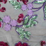 Purple, Pink, Green and Gold Floral Embroidered and Sequined Mesh