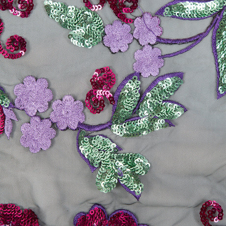 Purple, Pink, Green and Gold Floral Embroidered and Sequined Mesh