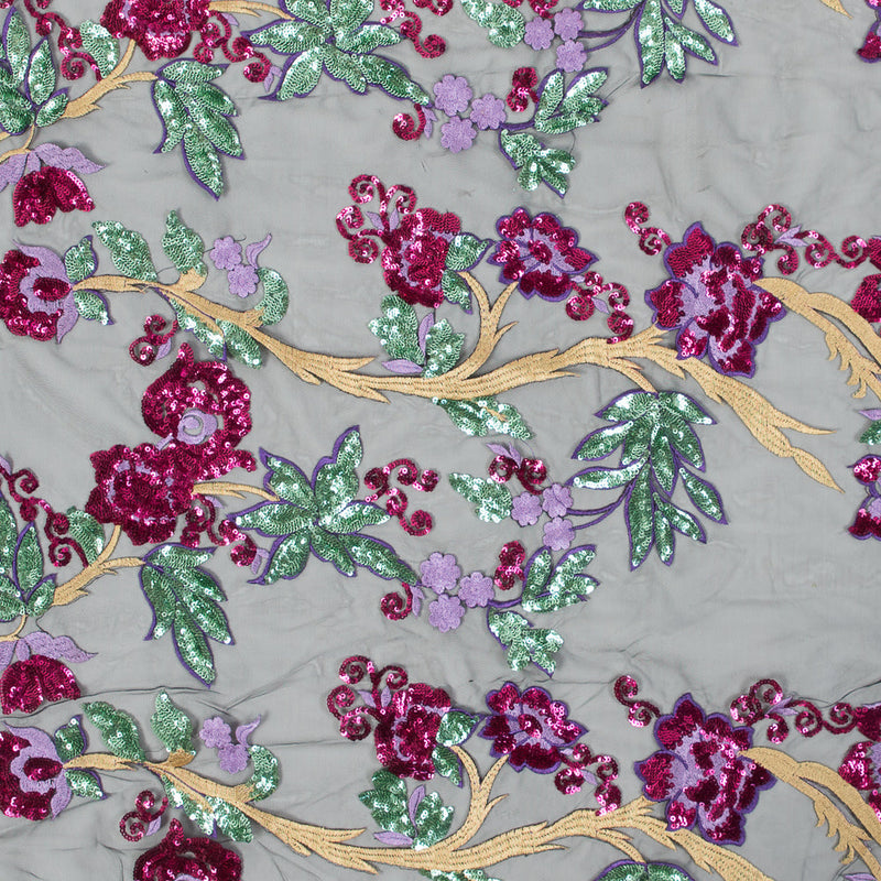 Purple, Pink, Green and Gold Floral Embroidered and Sequined Mesh
