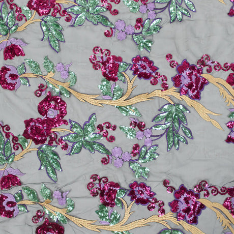 Purple, Pink, Green and Gold Floral Embroidered and Sequined Mesh