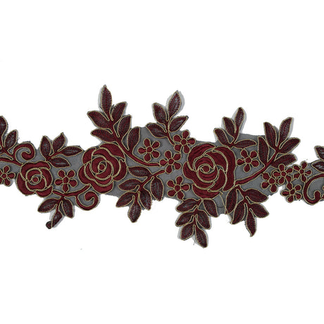 Metallic Gold and Maroon Re-Embroidered Floral Organza Trim - 6"