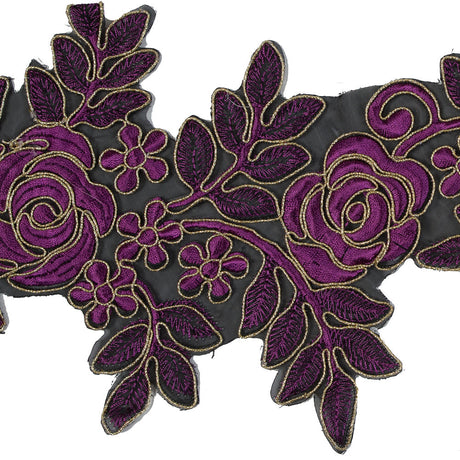 Metallic Gold and Magenta Re-Embroidered Floral Organza Trim - 6"