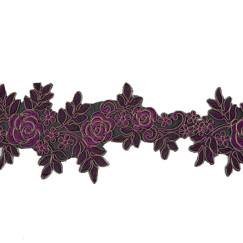 Metallic Gold and Magenta Re-Embroidered Floral Organza Trim - 6"