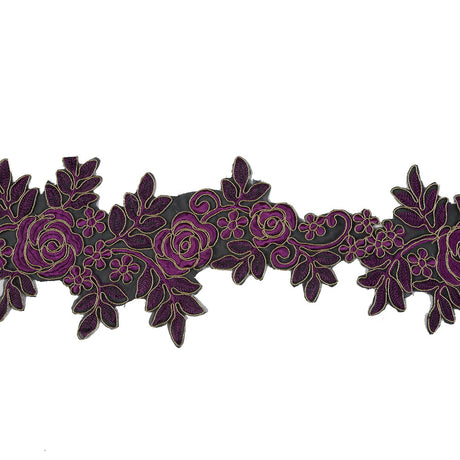 Metallic Gold and Magenta Re-Embroidered Floral Organza Trim - 6"