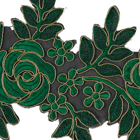 Metallic Gold and Emerald Re-Embroidered Floral Organza Trim - 6"