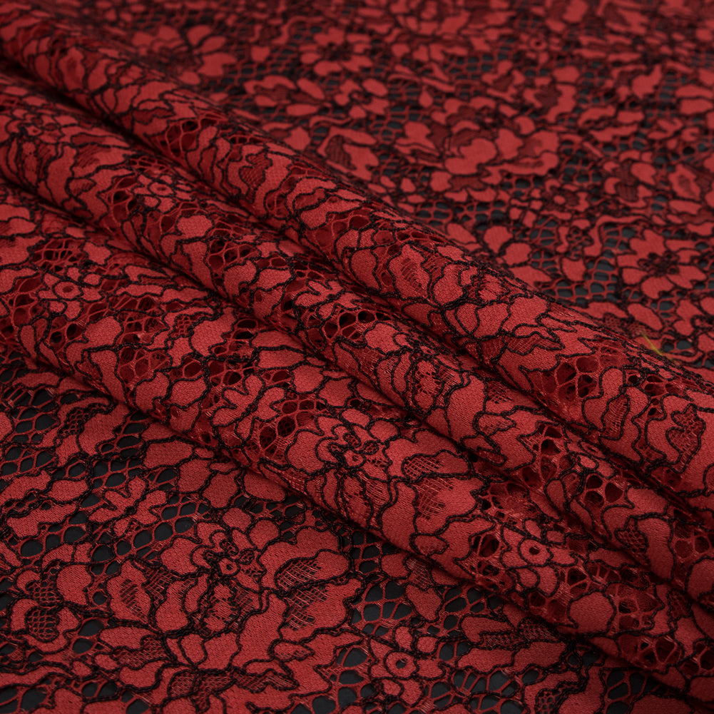 Red Coral and Black Floral Corded Lace with Eyelash Edges