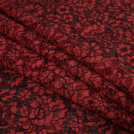Red Coral and Black Floral Corded Lace with Eyelash Edges