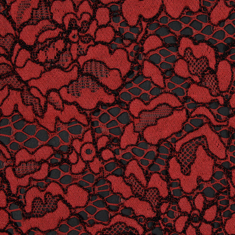 Red Coral and Black Floral Corded Lace with Eyelash Edges