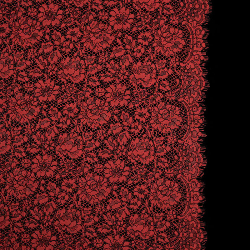 Red Coral and Black Floral Corded Lace with Eyelash Edges