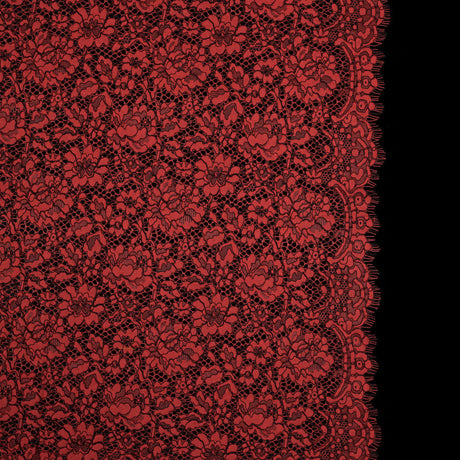 Red Coral and Black Floral Corded Lace with Eyelash Edges