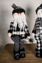32 Inch Black and White Buffalo Check Santa and Snowman Plush Figurines Holiday Christmas Decorative Mantel Shelf Display Set Accent Decor
