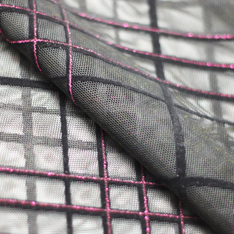Plaid Foil Mesh Polyester Spandex Fabric - Fuchsia/Black, Silver/Black, Gold/Black, Plaid Hologram, 58/60" Width (1 Yard)