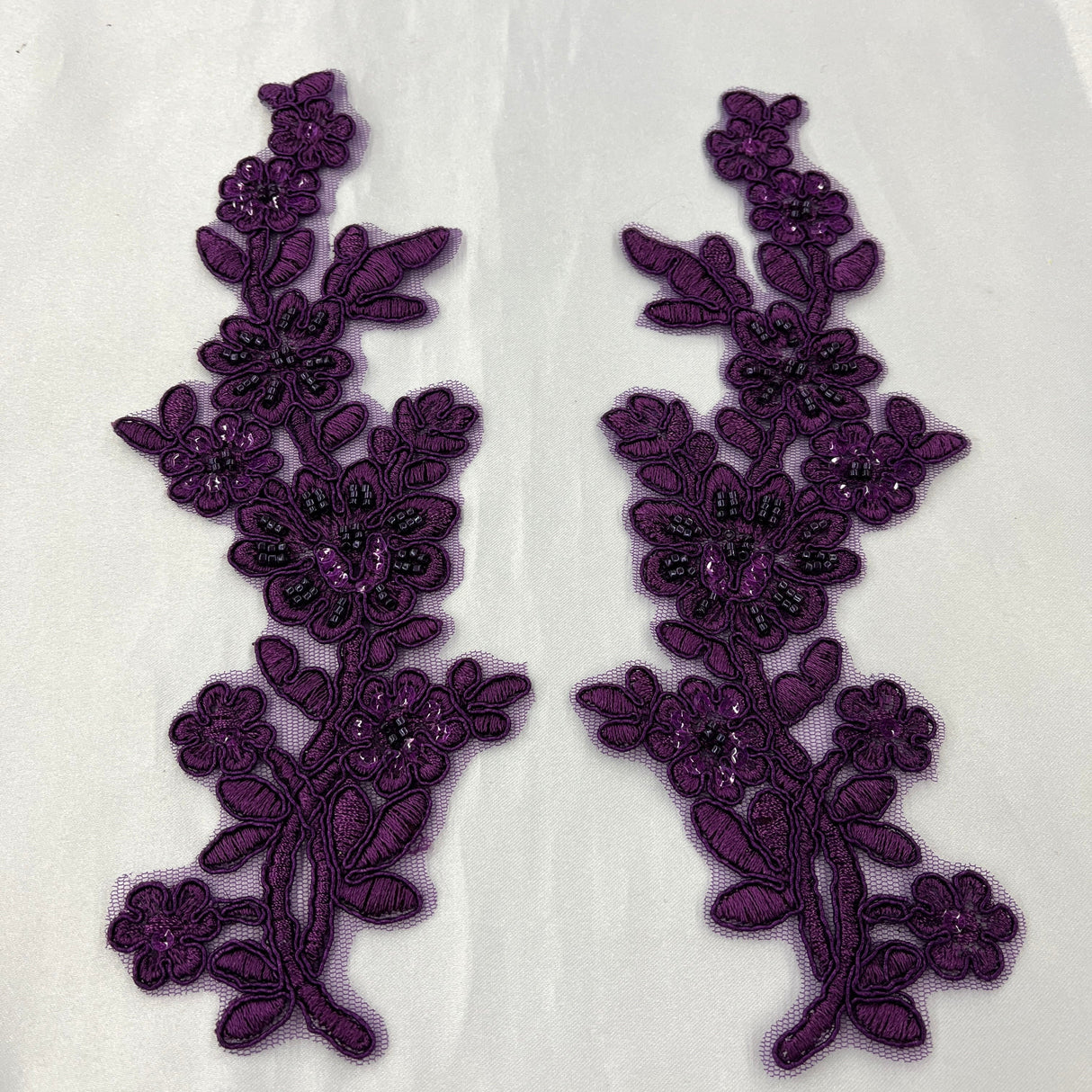 Beaded Corded Floral Lace Applique 100% Polyester Net Mesh
