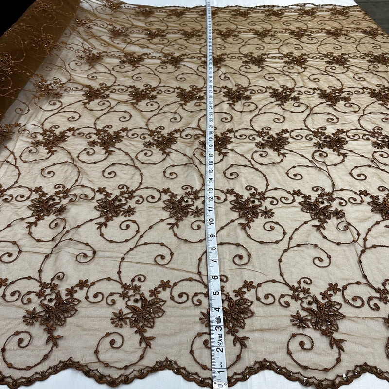1 Yard - Beaded Lace Fabric Embroidered on 100% Polyester Net Mesh - Ivory - 52" Wide